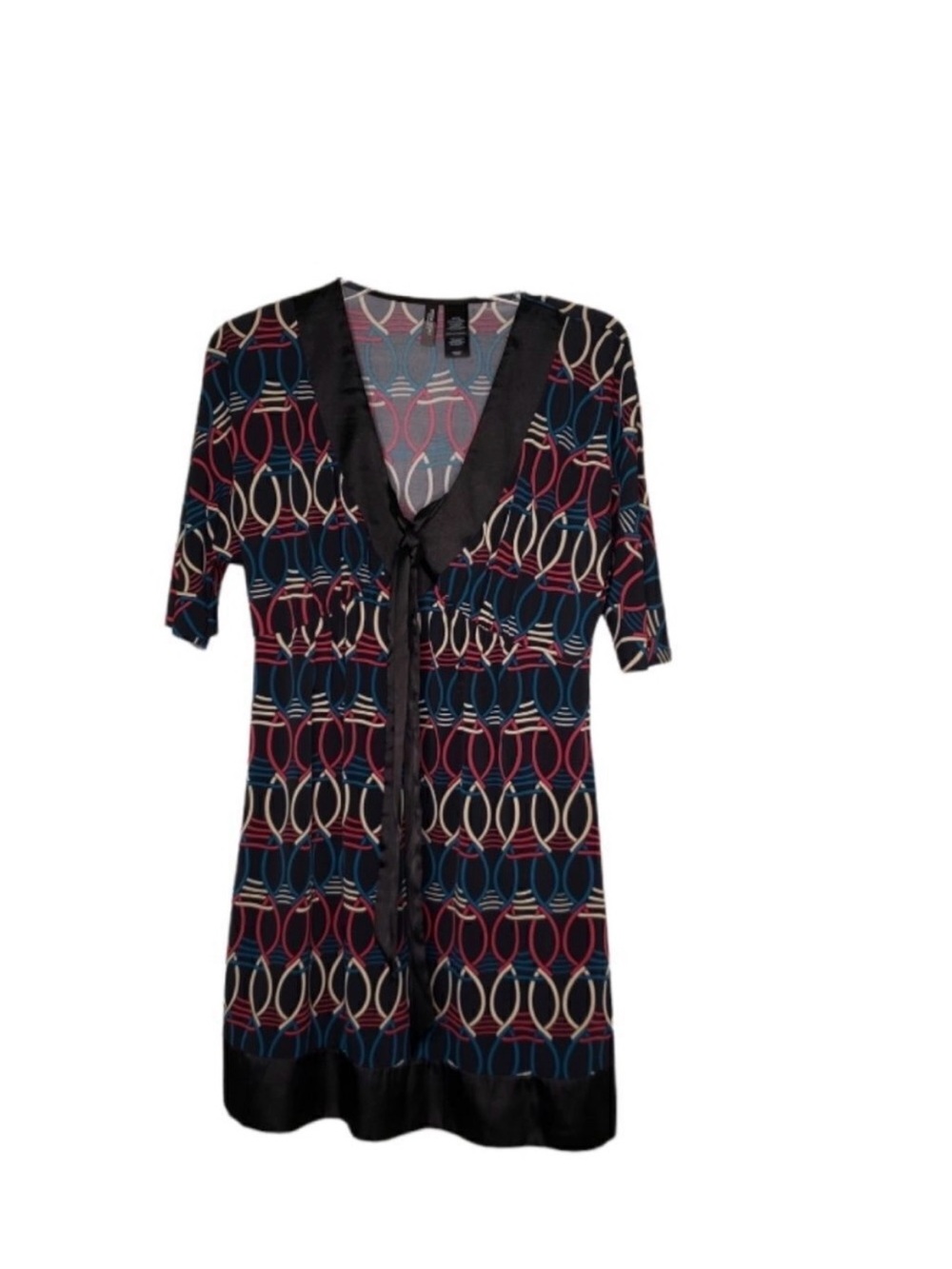 Bisou Bisou Navy, Black & Burgundy Geometric Tie-Front Dress